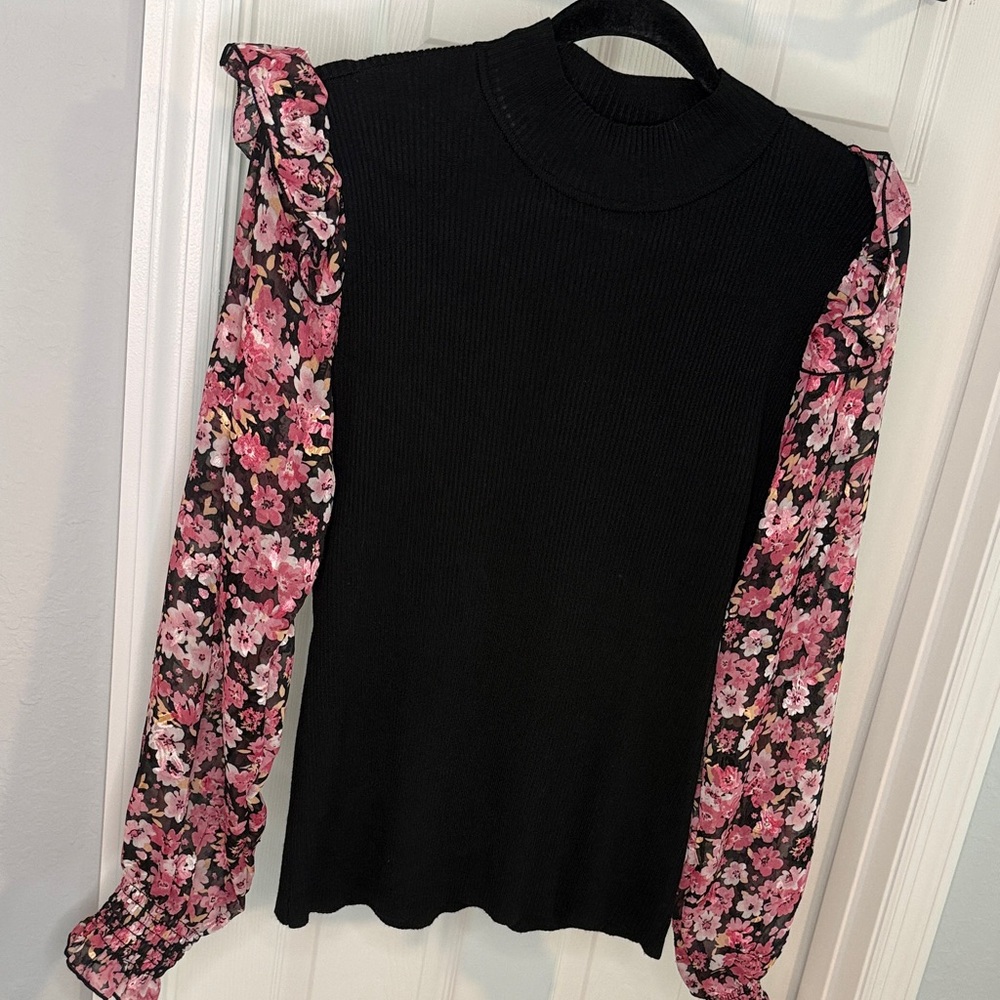 Absolutely Famous Black Knit Top with Pink Floral Long Sleeves - Picture 1 of 4